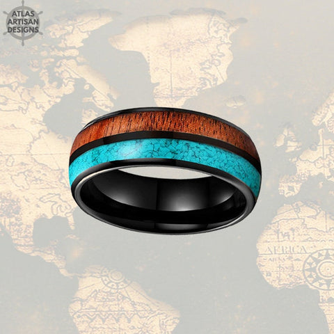 Image of 8mm Black Ring Mens Turquoise Ring Tungsten Wedding Band Koa Wood Ring