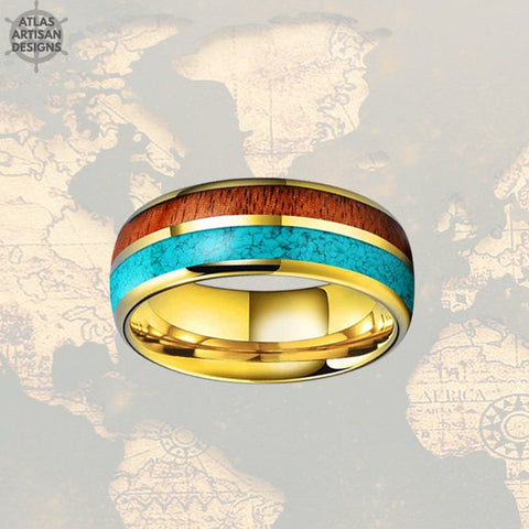 Image of 14K Yellow Gold Wedding Band Mens Ring - Turquoise & Wooden Ring