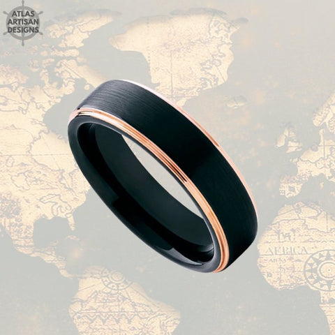 Image of 6mm Thin Rose Gold Tungsten Ring Mens Wedding Band Black Ring