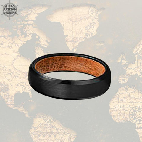 Image of Bourbon Barrel Wood Ring Mens Wedding Band Tungsten Ring, Black Whiskey Barrel Ring Wood Wedding Band Mens Ring, Thin Wood Ring Nature Ring - Atlas Artisan Designs