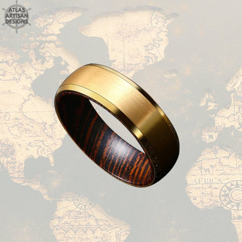 Image of 14K Gold Wedding Band Mens Ring with Beveled Edges, Wenge Wood Ring Mens Wedding Band Tungsten Ring, Unique Gold Ring - Atlas Artisan Designs