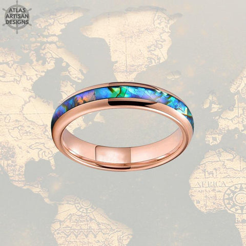 Image of 4mm Rose Gold Ring Tungsten Wedding Bands - Tropical Abalone Shell Women Ring - Atlas Artisan Designs
