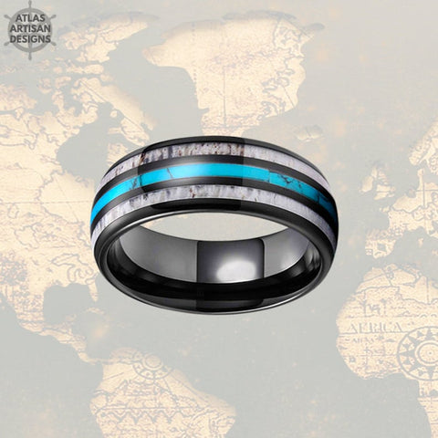 Image of Deer Antler Ring Mens Wedding Band Tungsten Ring, Turquoise Ring with Antler Inlay, Tungsten Nature Ring - Atlas Artisan Designs