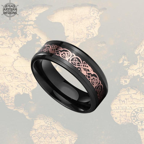 Image of Black & Rose Gold Ring Mens Viking Ring, Mens Wedding Band Tungsten Ring, Norse Rose Gold Ring - Atlas Artisan Designs