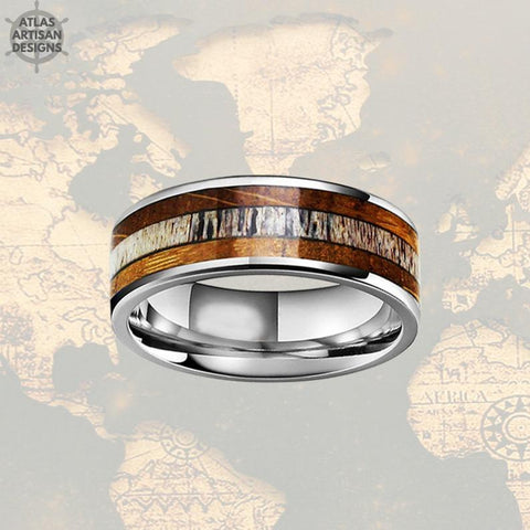 Image of Tungsten Whiskey Barrel Ring with Deer Antler Inay Mens Wedding Band Silver Antler Rings - Atlas Artisan Designs