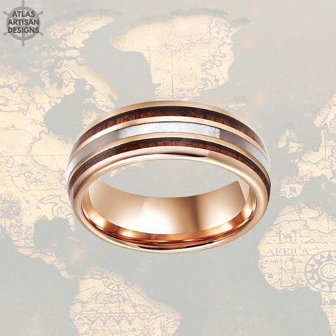 Image of 8mm Rose Gold Ring Mother of Pearl Ring, Koa Wood Mens Wedding Band