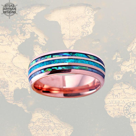 Image of Rose Gold Ring Mens Wedding Band - Abalone Tungsten Ring - Atlas Artisan Designs