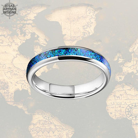 Image of 4mm Silver Tungsten Ring Blue Opal Wedding Band Womens Ring