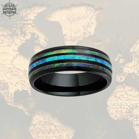 Image of Black Opal Ring Mens Wedding Band Tungsten Ring 8mm Tropical Abalone Ring Nature Wedding Band