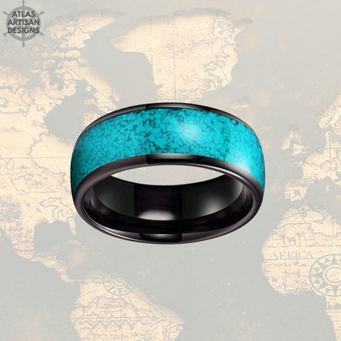 Image of Turquoise Ring Mens Wedding Band Tungsten Ring Black Turquoise Wedding Bands
