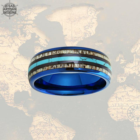 Image of Mens Turquoise Ring with Deer Antler Inlay, Blue Tungsten Mens Ring Unique Nature Ring - Atlas Artisan Designs