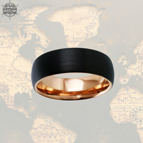 Image of Rose Gold Ring Mens Wedding Band Tungsten Ring 8mm Black Wedding Ring