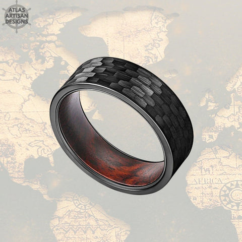Image of 8mm Hammered Ring Mens Wedding Band Wood Ring Black Tungsten Ring - Atlas Artisan Designs