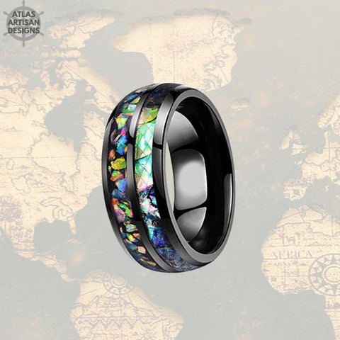 Image of 6mm Abalone Ring Tungsten Wedding Band Womens Ring Black Opal Ring Mens Wedding Band Tungsten Ring