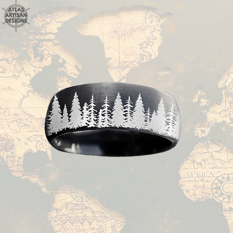 Image of 6mm Black Ring Tungsten Wedding Bands Womens Ring, Forest Tree Ring Womens Wedding Band Tungsten Ring Unique Couples Ring Set Promise Ring