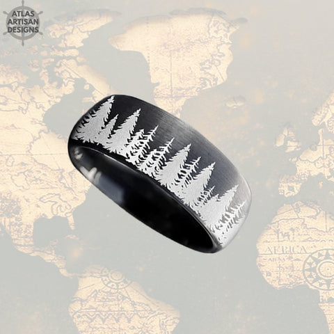 Image of 6mm Black Ring Tungsten Wedding Bands Womens Ring, Forest Tree Ring Womens Wedding Band Tungsten Ring Unique Couples Ring Set Promise Ring