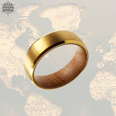 Image of 6mm Yellow Gold Ring Mens Wedding Band Whiskey Barrel Ring, Thin Tungsten Ring Wood Wedding Bands Womens Ring Bourbon Wood Rings Couples Set