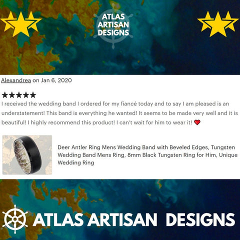 Image of Black Antler & Turquoise Ring Mens Wedding Band Wood Ring / Koa Wood Wedding Band Tungsten Ring / Deer Antler Ring Mens Ring Wooden Rings - Atlas Artisan Designs