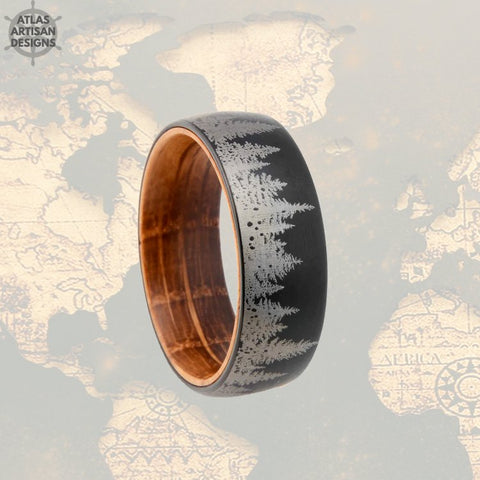 Image of 8mm Black Whiskey Barrel Ring Mens Wedding Band Forest Tree Ring Wood Wedding Band Tungsten Ring Wooden Rings for Men Promise Ring