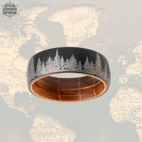 Image of 8mm Black Whiskey Barrel Ring Mens Wedding Band Forest Tree Ring Wood Wedding Band Tungsten Ring Wooden Rings for Men Promise Ring