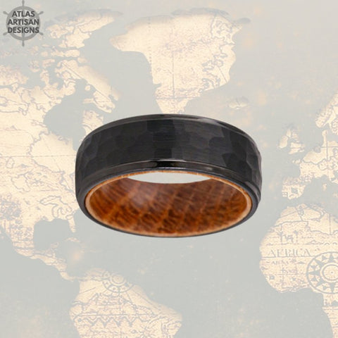 Image of Black Whiskey Barrel Ring Mens Wedding Band Hammered Ring, Wood Ring Hammered Wedding Band Tungsten Ring Step Edges 8mm Wooden Rings for Men