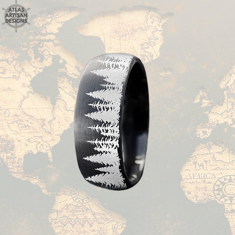 Image of 8mm Tree Ring Mens Wedding Band Tungsten Ring, Black Ring Tungsten Wedding Band Mens Ring Unique Promise Rings for Men Nature Ring