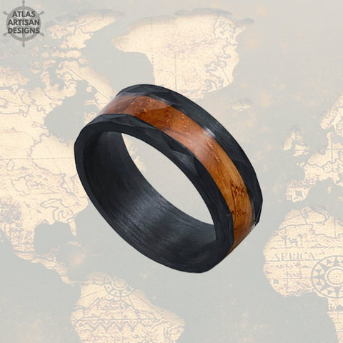 Image of Black Whiskey Barrel Ring Mens Wedding Band Wood Ring, Hammered Ring Tungsten Wedding Band Mens Ring, Bourbon Barrel Hammered Wedding Band