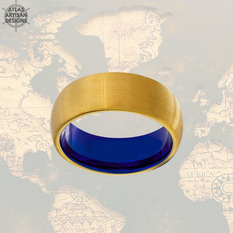 Image of 14K Yellow Gold Ring Mens Wedding Band Tungsten Ring, Blue Ring Gold Wedding Band Mens Ring, 8mm Unique Rings for Men