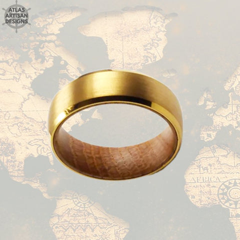 Image of 8mm Gold Whiskey Barrel Ring Mens Wedding Band Tungsten Ring, 14K Gold Ring Tungsten Wedding Band Mens Ring Gold Wedding Band Wood Ring