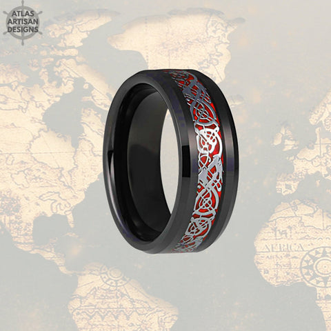 Image of Red Mens Viking Ring Tungsten Wedding Band Mens Ring, Carbon Fiber Ring 8mm Viking Wedding Band Tungsten Ring, Mens Wedding Band Celtic Ring - Atlas Artisan Designs
