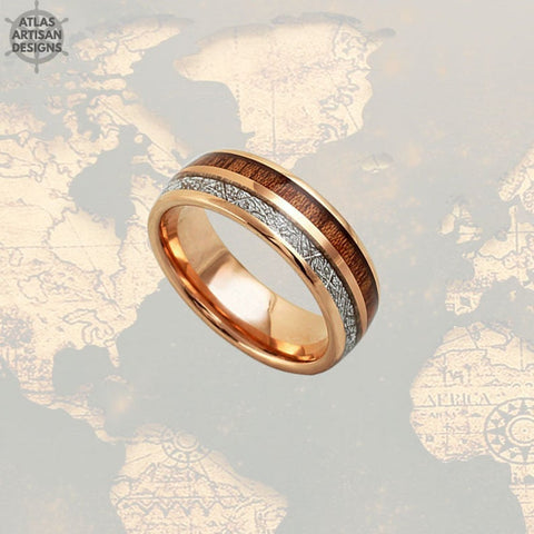 Image of 6mm Meteorite Ring Mens Wedding Band Rose Gold Ring, Koa Wood Ring with Meteorite Inlay Tungsten Wedding Band Mens Ring, Womens Wedding Ringngsten Wedding Band Mens Ring, Womens Wedding Ring - Atlas Artisan Designs