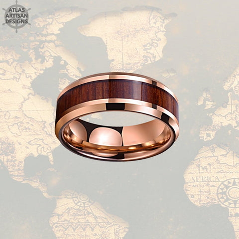 Image of Rose Gold Ring Mens Wedding Band Koa Wood Ring - Atlas Artisan Designs
