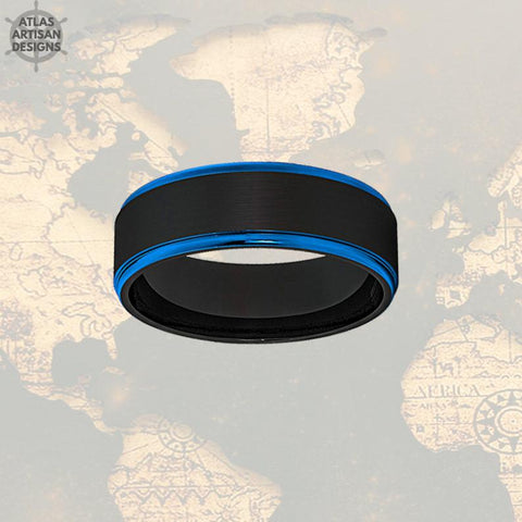 Image of 8mm Mens Wedding Band Black & Blue Tungsten Ring - Atlas Artisan Designs