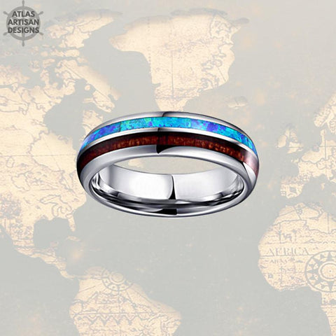 Image of 6mm Wooden Ring Blue Opal Wedding Band Mens Ring - Atlas Artisan Designs