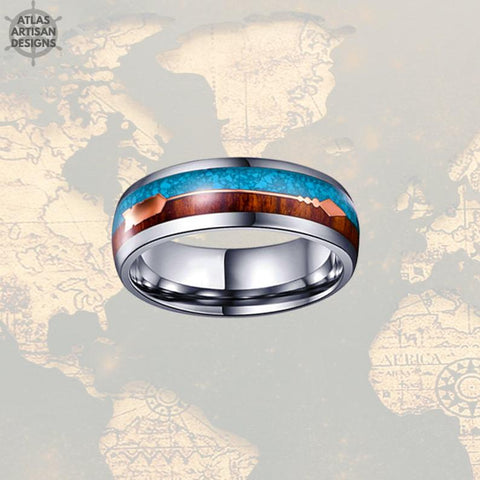 Image of 8mm Koa Wood Wedding Band Natural Turquoise Tungsten Ring Rose Gold Arrow Ring - Atlas Artisan Designs