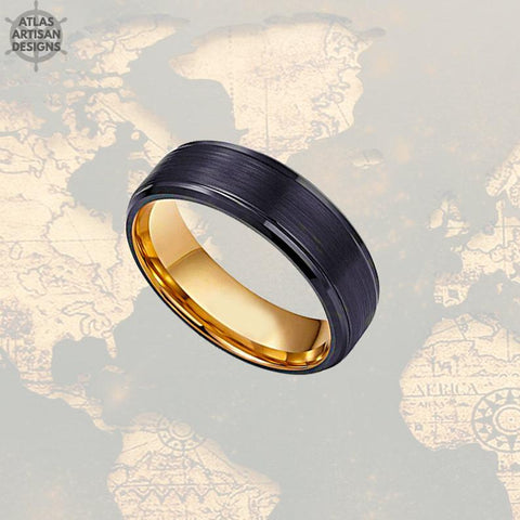Image of Tungsten Wedding Band Mens Ring, Brushed Black Mens Wedding Band Rose Gold Ring, Rose Gold Wedding Bands Womens Ring, 8mm Unique Mens Ring - Atlas Artisan Designs