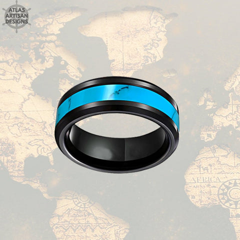 Image of Exotic Turquoise Ring Mens Wedding Band Black Tungsten Ring, 8mm Unique Mens Ring, Turquoise Wedding Bands Womens Ring Turquoise Inlay Ring - Atlas Artisan Designs