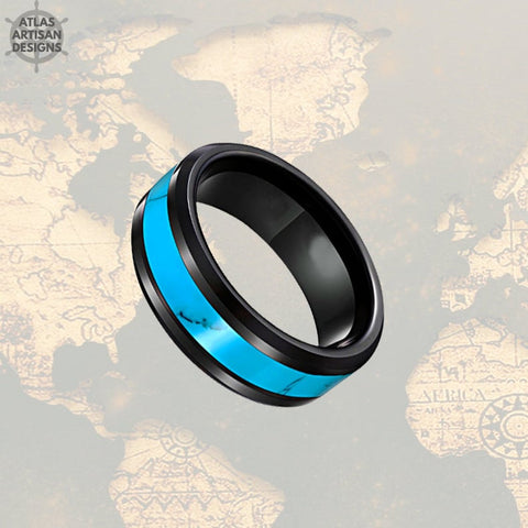 Image of Exotic Turquoise Ring Mens Wedding Band Black Tungsten Ring, 8mm Unique Mens Ring, Turquoise Wedding Bands Womens Ring Turquoise Inlay Ring - Atlas Artisan Designs