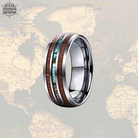 Image of Sizes 4-17 Koa Wood Ring Mens Wedding Band Abalone Ring, Tungsten Wedding Band Mens Ring Abalone Shell Ring Wedding Bands Women Couples Ring - Atlas Artisan Designs