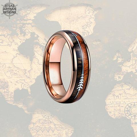 Image of 6mm Wood Wedding Bands Women Ring, 18K Rose Gold Arrow Ring, Koa Wood Ring Mens Wedding Band Tungsten Ring, Unique Mens Ring, Rose Gold Ring - Atlas Artisan Designs