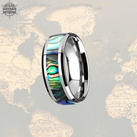 Image of Abalone Ring Mens Wedding Band Tungsten Ring, 8mm Tungsten Wedding Band Mens Ring Abalone Shell Ring Wedding Bands Women, Unique Mens Ring - Atlas Artisan Designs