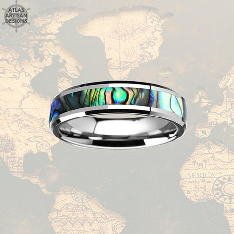 Image of 6mm Abalone Ring Mens Wedding Band Tungsten Ring, Tungsten Wedding Band Mens Ring Abalone Shell Ring Wedding Bands Women, Couples Ring Set - Atlas Artisan Designs