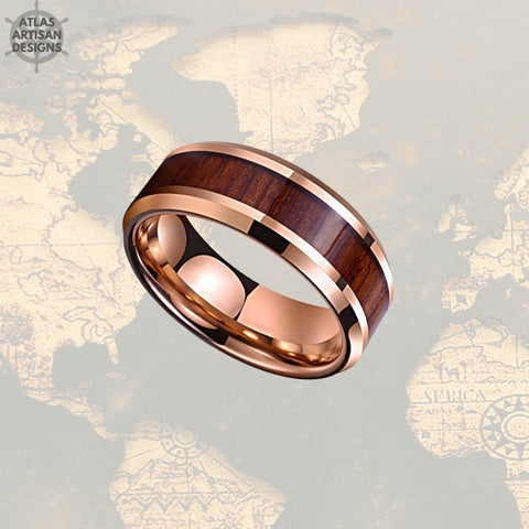 Image of Rose Gold Ring Mens Wedding Band Koa Wood Ring - Atlas Artisan Designs