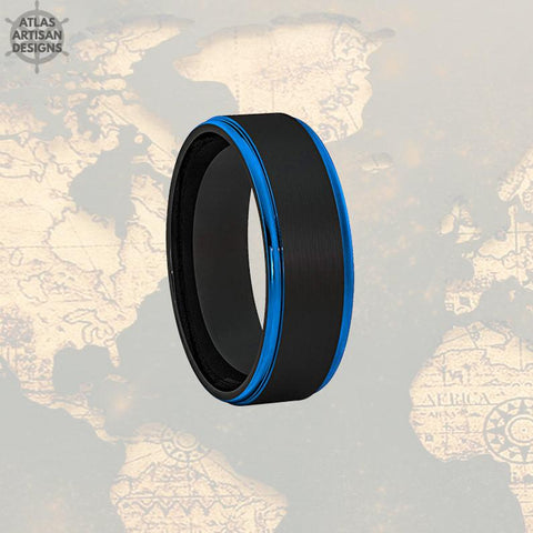 Image of 8mm Mens Wedding Band Black & Blue Tungsten Ring - Atlas Artisan Designs