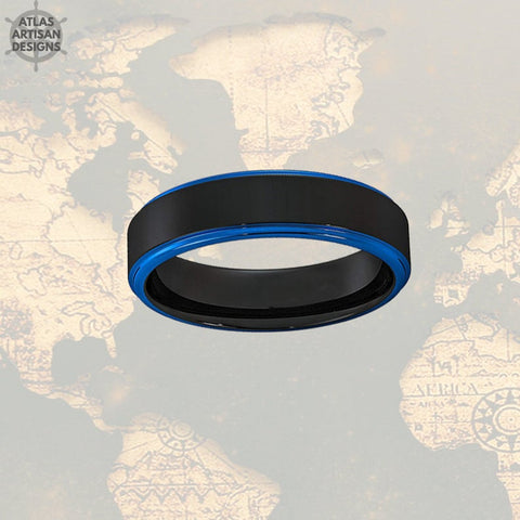 Image of 6mm Tungsten Wedding Band Mens Ring Black & Blue Tungsten Ring - Atlas Artisan Designs