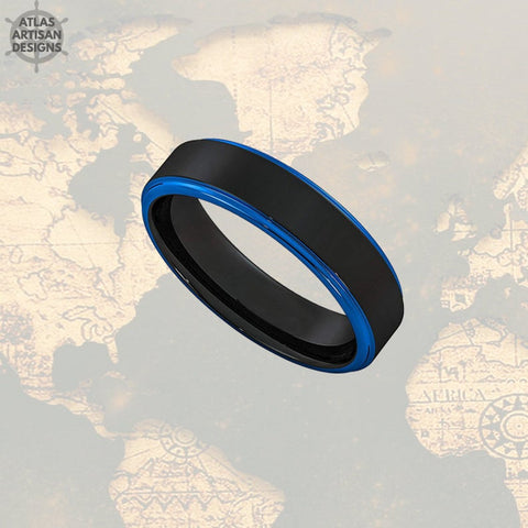 Image of 6mm Tungsten Wedding Band Mens Ring Black & Blue Tungsten Ring - Atlas Artisan Designs