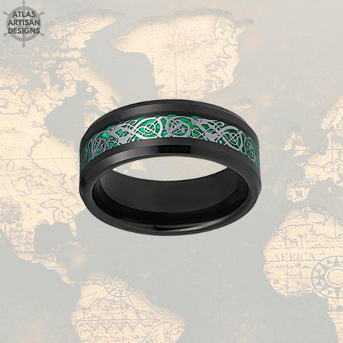 Image of Black Viking Wedding Band Mens Ring, Green Carbon Fiber Ring, Dragon Ring Mens Wedding Band Celtic Ring, Mens Viking Ring Unique Mens Ring - Atlas Artisan Designs