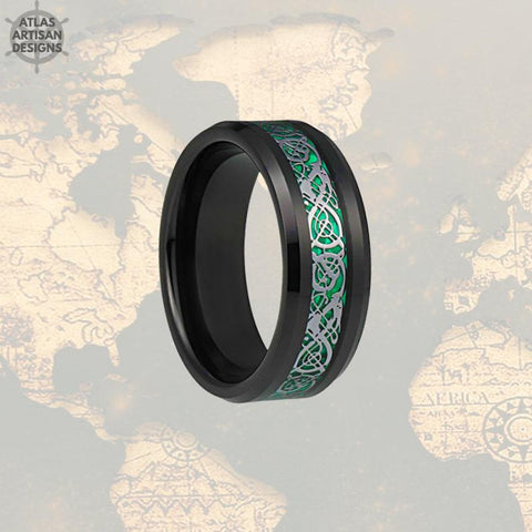 Image of Black Viking Wedding Band Mens Ring, Green Carbon Fiber Ring, Dragon Ring Mens Wedding Band Celtic Ring, Mens Viking Ring Unique Mens Ring - Atlas Artisan Designs