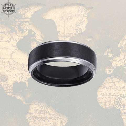 Image of Black Tungsten Ring Mens Wedding Band Silver Step Edges, Tungsten Wedding Band Mens Ring, Mens Promise Ring, Unique Mens Ring, Wedding Ring - Atlas Artisan Designs