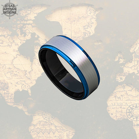 Image of 8mm Mens Wedding Band Silver & Blue Tungsten Ring - Atlas Artisan Designs